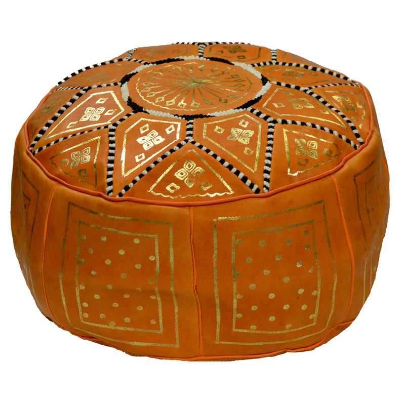 Moroccan Pouf Ottomans Hand Made Leather Luxury Footstools Cover Orange