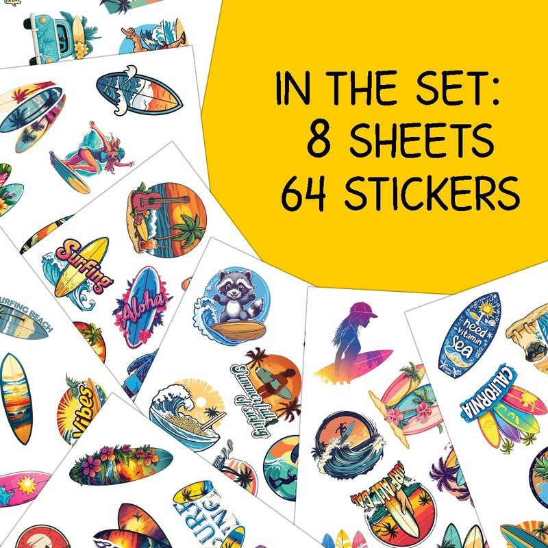 64pcs Surfing Stickers - Surf Sticker for Surfboards Waterproof Decals