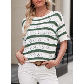EVALESS Women's Short Sleeve Sweater Summer Trendy Crewneck Color Block Knit Pullover Shirts Fashion 2025 Spring Hollow Out Sweaters Cute Going Out Tops Business Casual Outfits Green Medium