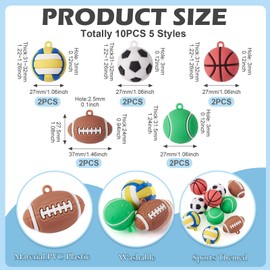 10 Pcs PVC Sports Ball Beads for Jewelry Making Lovely Basketball Football Baseball Tennis Charm Pendants for Keychain Lanyards Game Day DIY Crafts Necklaces Bracelets Earrings Making
