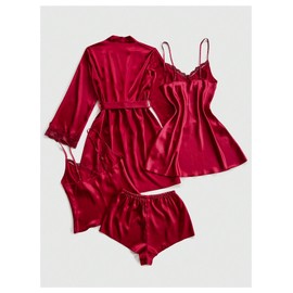 Milumia Women's 4 Piece Pajama Sets Sexy Satin Lace Cami Shorts and Dress Set with Robes Sleepwear Loungewear Burgundy Small