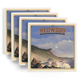 Redwood National and State Parks, California, Lithograph National Park Series (Absorbent Ceramic Coasters Set of 4 Matching Images, Cork Back, Kitchen Table Decor)