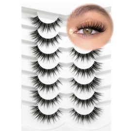 Happy Heartbeat 3D Clear Band False Eyelashes, Cat Eye, Wispy, Natural Look, Short False Eyelashes, Super Natural, Cross, Fluffy, Soft, Reusable Eyelashes, 7 Pairs, No. 219