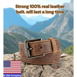 F&L CLASSIC Genuine Full Grain Western Engraved Tooled Leather Belt Strap or Belt 1-1/2" w/Snaps for Interchangeable Buckles,USA,Buffalo vintage,112-05,size 40