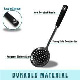 Skimmer Spoon, Slotted Spoons for Cooking, Slotted Spoon, Kitchen Stainless Steel Slotted Serving Spoon, Stainless Steel Strainer, Black