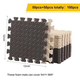 Ecally 100 Pcs Foam Mats for Floor Covers 96 Sq Ft Puzzle Exercise Mat Square Interlocking Carpet Tiles with Border Gym Floor Tiles for Workouts Equipment Yoga Pilates 12 x 12(Beige,Brown)
