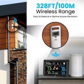 Weather Station Atomic Clock Indoor Outdoor Thermometer Wireless, Barometer Humidity Temperature Monitor Hygrometer with High Precision Sensor Black