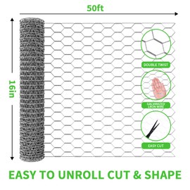 16in x 50ft Craft Chicken Wire Mesh, Hexagonal Galvanized Wire Mesh for Poultry, Floral Wire Netting for Protecting Garden Plants, Vegetables, Flowers and Fruits from Dogs, Rabbits and Squirrels