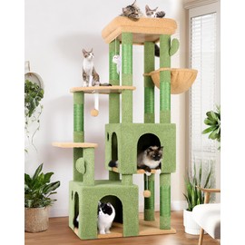 Globlazer Cactus Cat Tower for Indoor Cats, Heavy Duty Cat Trees for Large Cats Adult Big Cats Maine Coon Cat Tree Tower with Scratching Post, Extra Large Top Perch, Cat Condos, F61, Green, 61inch