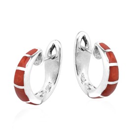 AeraVida Stylish Loop Simple Elegance Earring with Reconstructed Red Coral Inlay .925 Sterling Silver Huggie Earrings | Elegant Coral and Silver Fashion Earrings for Women