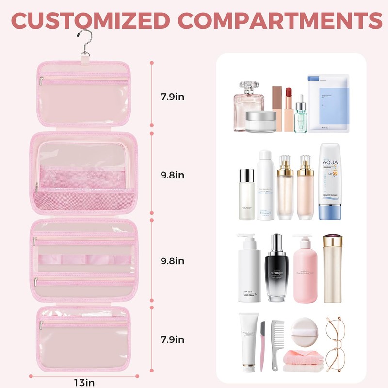 prezon Toiletry Bag For women,Portable Hanging Organizer,4 Leakproof Compartment for