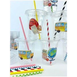 Back To School Party Cups, Plastic Cups with Paper Straws and Plastic Lids, 12 Count