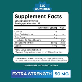 Zinc Gummies 50 mg, Daily Support, Immune System*, Enzyme Functions*, Natural Energy* - 210 Gummies, 105 Day Supply (3-Pack)