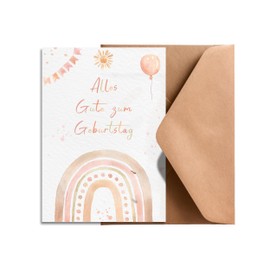 Geburtstagskarte Kinder Boho – A6 Postkarte mit Umschlag – Regenbogen, Luftballon & Girlande – Glückwunschkarte zum Geburtstag – Handgemachte Karte für Mädchen & Jungen – Pastellfarben