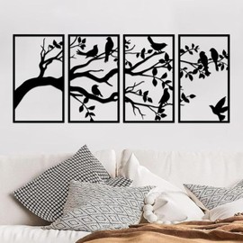 ruelen 4 Pieces Metal Birds and Branch Wall Art, Tree of Life Metal Wall Art, Black Leaves with Birds Silhouette Hanging Wall Sculpture For Indoor Home Bedroom Living Room Office Outdoor Garden Patio