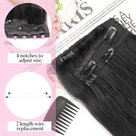 Invisible Wire Hair Extensions with Transparent Wire Adjustable Size 4 Secure Clips Long Wavy Secret Hairpiece 16 Inch for Women(Black)