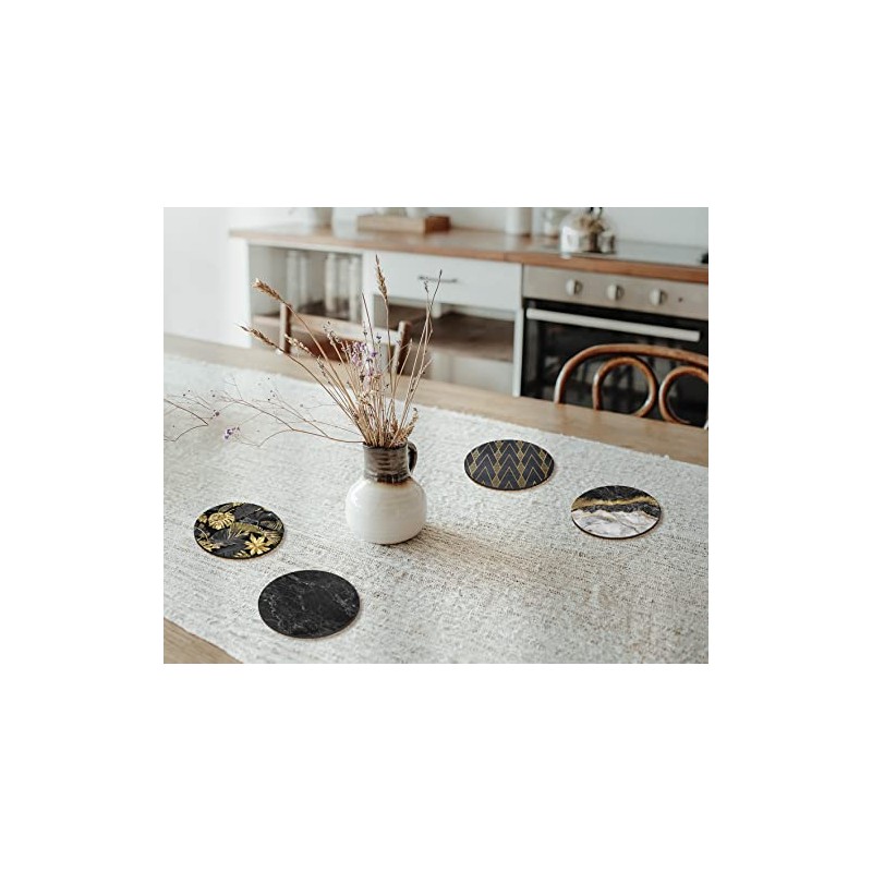 4 x Round Art Deco Coasters - Gold Black Abstract