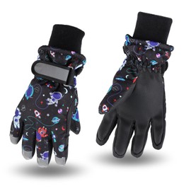 Winter Windproof Ski Gloves with Fleece Lining Warm Children Kids Mittens Snowboard Gloves Boys Girls (Black Astronauts, 10-14 Years)