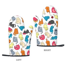 Cute Cat Oven Mitts 2pcs Set, Kitchen Grill Glove Heat Resistant Oven Mitts with Non-Slip Silicone Surface for Cooking