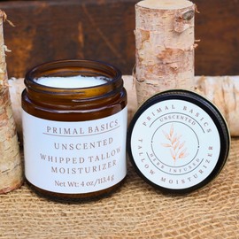 Primal Basics Grass Fed Grass Finished Whipped Unscented (Herb Infused with Calendula) Beef Tallow Moisturizer/Body Balm for Face, Body, Oily, Dry, Sensitive Skin -Contains Vitamins A, D, E, K