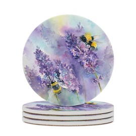 Bee Lavender Coasters for Drinks, Set of 4, 4 Inch Absorbent Diatomite Ceramics Coasters with Cork Base, Tabletop Protection, Suitable for Dining Tables, Desks, Restaurants, Cafes