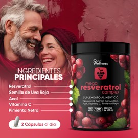 Mega Resveratrol Complex | 100 Cápsulas de 500 mg | Antioxidante con Semillas de Uva Roja, Acaí, Vitamina C, Pimienta Negra