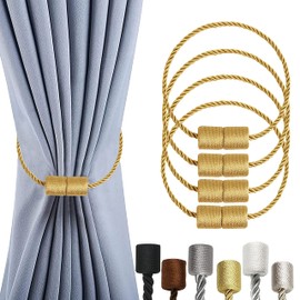 OCIOLI 4 Pack Magnetic Curtain Tiebacks Curtain Holdbacks Tie Backs Curtain Ties with Thicker Twist Rope & Strong Magnet Tie Backs for Curtains (Gold, 4)