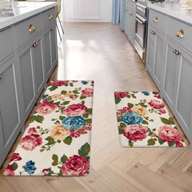 Lunerfex Kitchen Mats for Floor 2PCS, Non-Skid Waterproof Kitchen Mat, Cushioned Comfort Standing Mats for Kitchen Floor, Office, Laundry, Sink, Home Flower