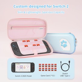 GeekShare Portable Carrying Case Compatible with Switch 2 (2025), Hard Storage Bag with 12 Game Card Slots, Cat Paw Travel Case for Switch 2 Console and Accessories (Blue)