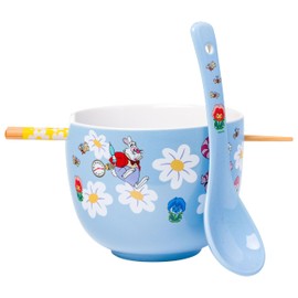 Silver Buffalo Disney Alice in Wonderland Featuring Mad Hatter, Cheshire Cat, and White Rabbit Ceramic Ramen Noodle Rice Bowl with Chopsticks and Spoon, Microwave Safe, 20 Ounces