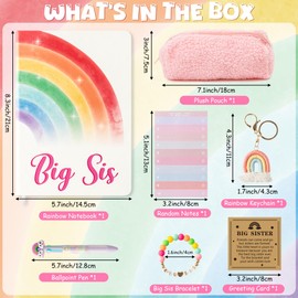 CY2SIDE 7PCS Rainbow Big Sister Gifts Announcement Set for Girl Include Rainbow Notebook 4-in-1 Pen Note Pad Plush Pouch Keychain Bracelet and Card, Birthday Gifts for New Sibling Arrival Age 2-8