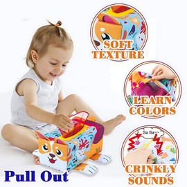 Adpartner Baby Tissue Box Toy, Montessori Sensory Baby Toys for Babies 6 to 12 Months, Soft Educational Tissue Box with Crinkle Cards Colorful Scarves Early Learning 1 Year Old Boys Girls