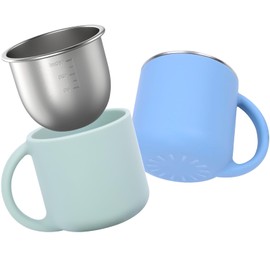 Bakpoco 2-IN-1 Open Toddler Cups, Stainless Steel Baby Cup + Silicone Training Cup for Toddlers Kids Babys, No Plastic | No Soap Smell | Shock-Proof Feeding Essentials, 2-Pack Blue/Sage
