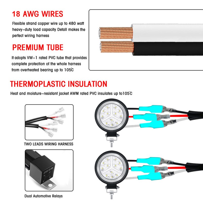 LED Light Bar Wiring Harness Kit, 480W 2 Leads 18