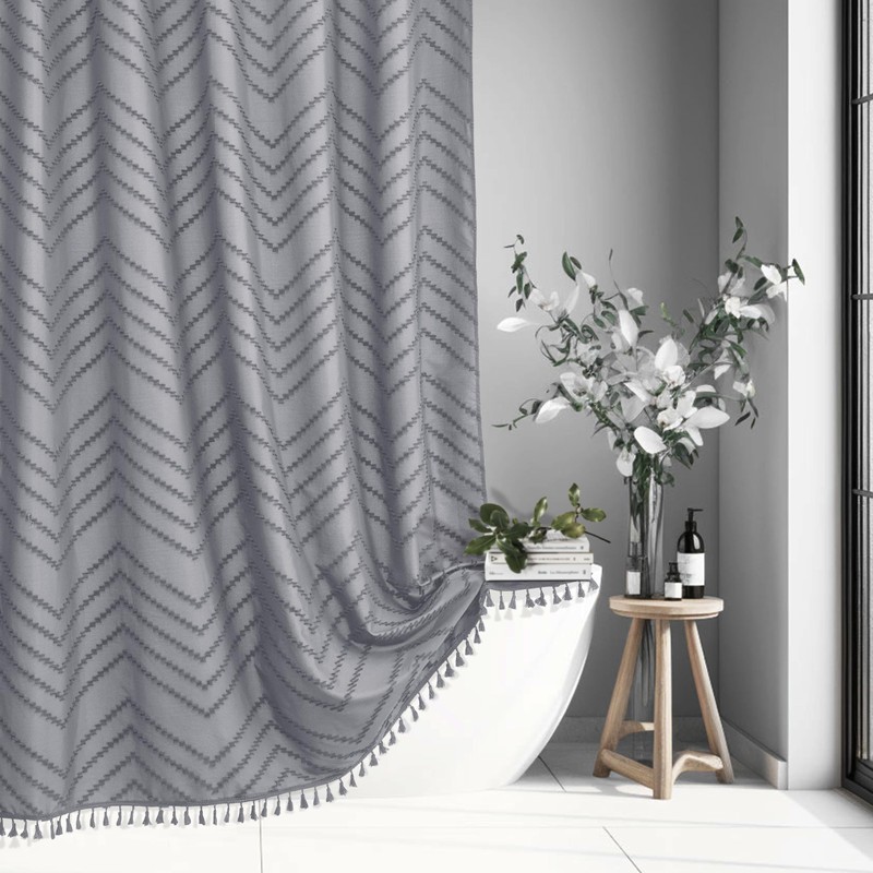 Siiluminisoy Extra Long Grey Boho Shower Curtain with Tassel, Woven