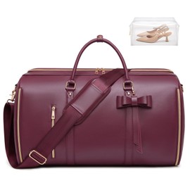 STHMEOOHT Garment Bags for Travel, Convertible Suit Travel Bag for Women, Cute Carry On Garment Bag w/Shoes Pouch, 2 in 1 Foldable PU Leather Hanging Duffle Bag, Single-Zipper Design, Sangria