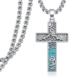 qielizhu Turquoise Cross Necklace 925 Sterling Silver Western Cross Pendant Necklaces for Men Women Vintage Turquoise Native American Jewelry Gifts for Unisex