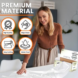 LEMON + Co. White Premium Plastic Tablecloth Roll - 54" x300' for Parties with Cutter Box - Cut to Size Rectangle & Round Disposable Tablecloth Plastic Table Cover