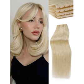 WIGNEE New Double Layered PU OVO Hair Extensions Blonde Ombre Straight Human Hair weft with beads 100% Real Human Hair Extensions 12 Inch Seamless Micro Beads Human Hair Extensions Glueless (613)