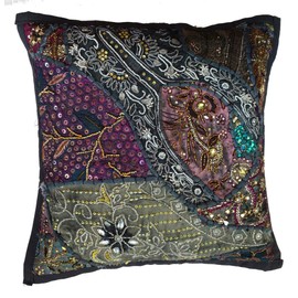 Rastogi Handicrafts Decorative Throw Pillow Cases, Embroidered Cotton Cushion Cover Patchwork Pillow,Indian Traditional Handmade Cushion Cover (BLACK)