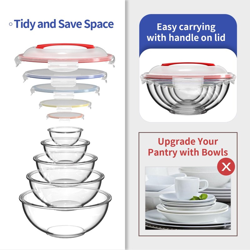 GENICOOK Nesting Glass Salad/Mixing Bowl Set With Lock Down Lids