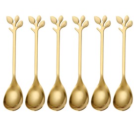 PIVHWIR Mini Espresso Spoon, Coffee Spoon with Leaf Handle, Dessert Teaspoons Small Soup Spoons, Stainless Steel 4.72 inch Stirring Spoons (6 Pcs,Gold)