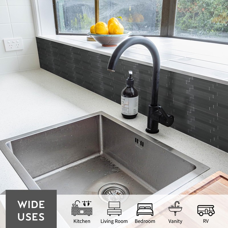 12 Sheets Black Peel and Stick Backsplash, Brushed Metal Subway