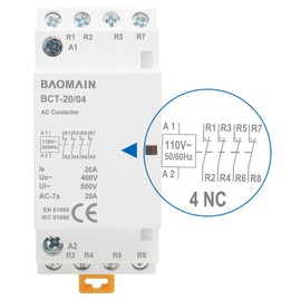 Baomain 110V AC 4-Pole Modular Contactor, 20A 4NC Normally Closed, DIN Rail Mount for HVAC, Motor, Pump & Lighting Control BCT-20/04-110VAC