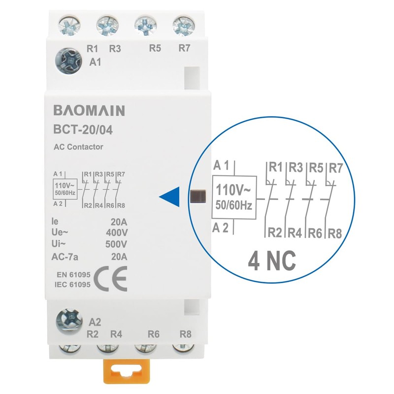 Baomain 110V AC 4-Pole Modular Contactor, 20A 4NC Normally Closed,