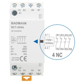 Baomain 110V AC 4-Pole Modular Contactor, 20A 4NC Normally Closed, DIN Rail Mount for HVAC, Motor, Pump & Lighting Control BCT-20/04-110VAC
