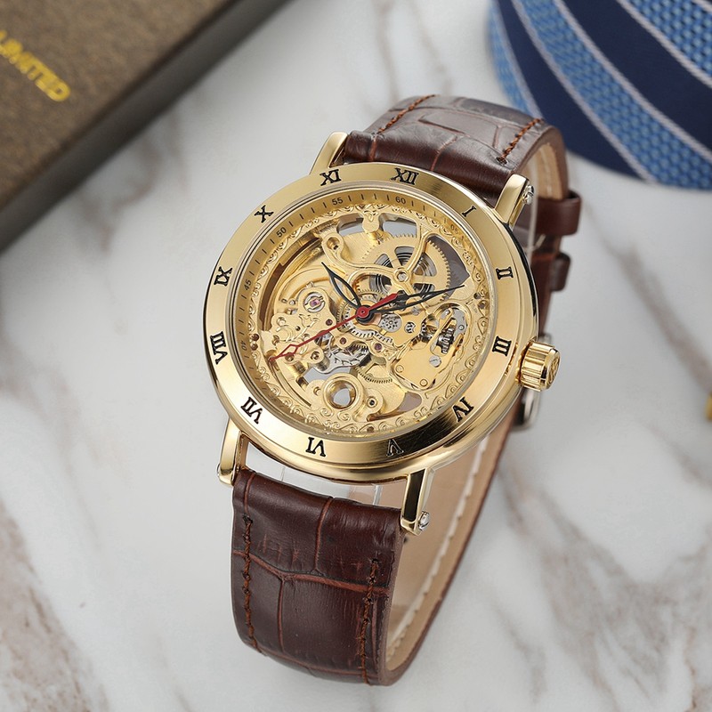 FORSINING Automatic Mechanical Hollow Out Waterproof PU Leather Strap Male