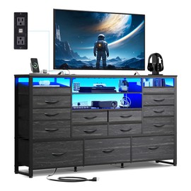 WLIVE Black TV Stand for 55, 60, 65 inch TV, Entertainment Center with LED Lights & Charging Station, TV Media Console Table with 15 Fabric Drawers and Open Shelves for Living Room, Hallway, Wood Top