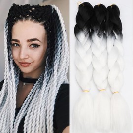 Jumbo Braiding Hair Attachment Ombre.color 3pakcs synthetic box braids Hair Extension 24Inch Crochet Braids (black white)