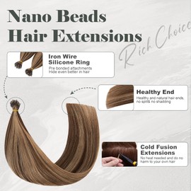 Rich Choices Nano Hair Extensions Real Human Hair Medium Brown mix Dark Blonde 18 Inch 50 Strand/Pack Straight Remy Human Hair Nano Ring Hair Extensions Nano Beads Hair Extensions